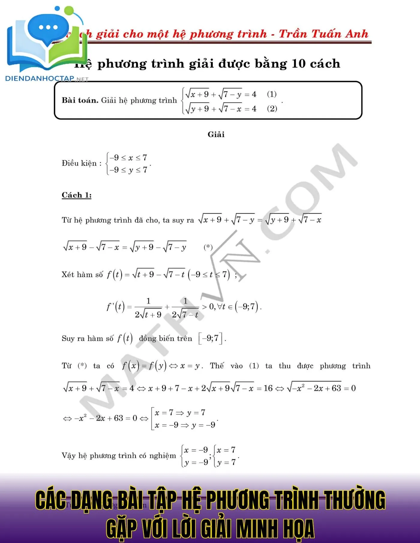 Các dạng bài tập hệ phương trình thường gặp với lời giải minh họa