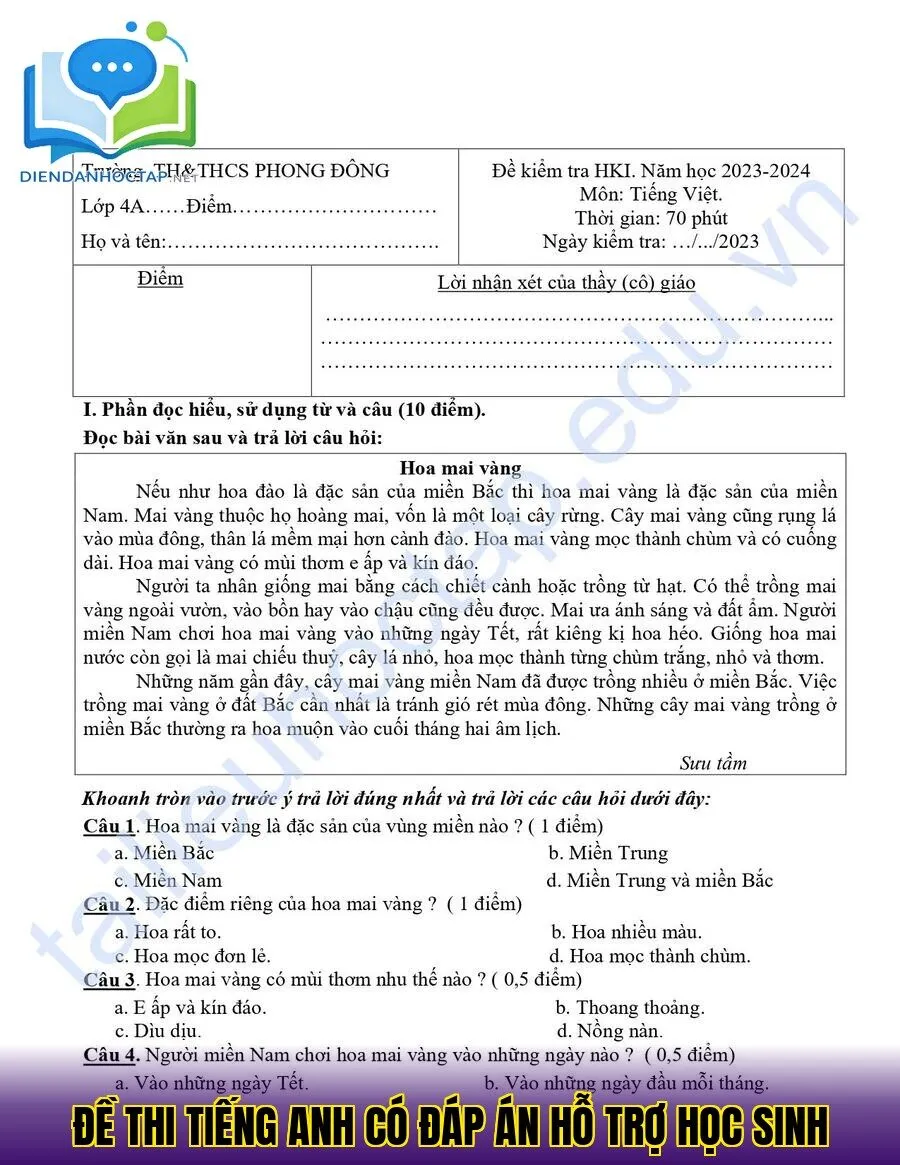 Đề thi tiếng Anh có đáp án hỗ trợ học sinh