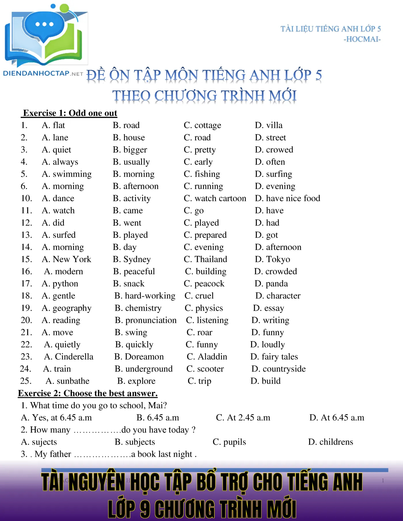 Tài nguyên học tập bổ trợ cho tiếng Anh lớp 9 chương trình mới