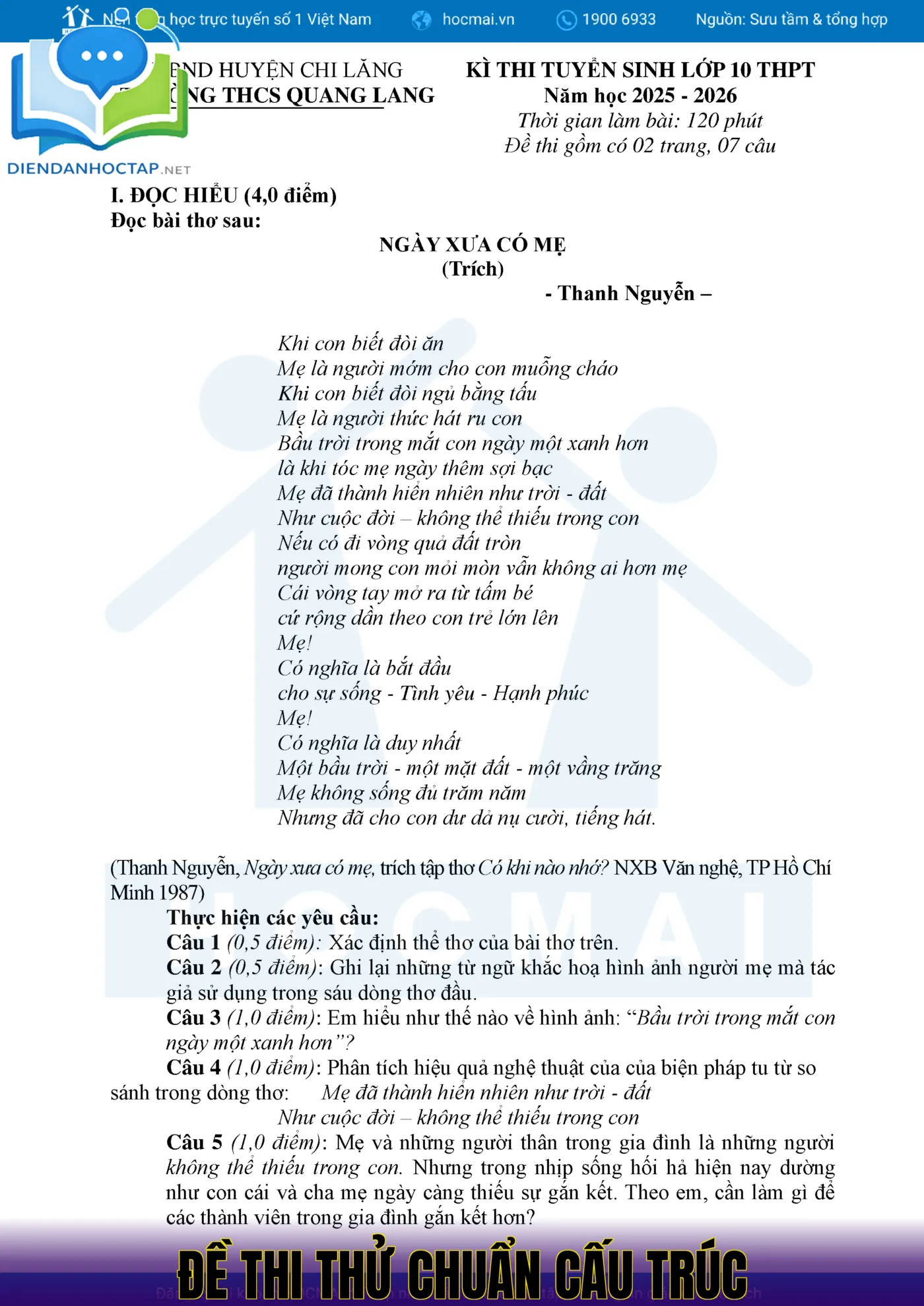 Đề Thi Thử Chuẩn Cấu Trúc