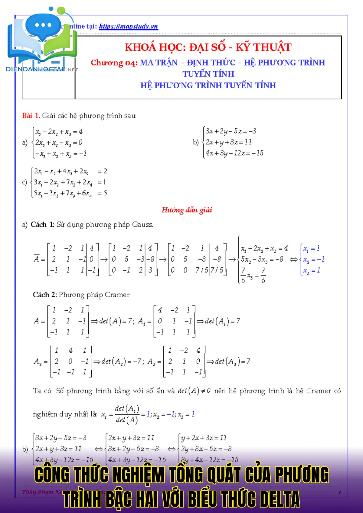 Công thức nghiệm tổng quát của phương trình bậc hai với biểu thức delta